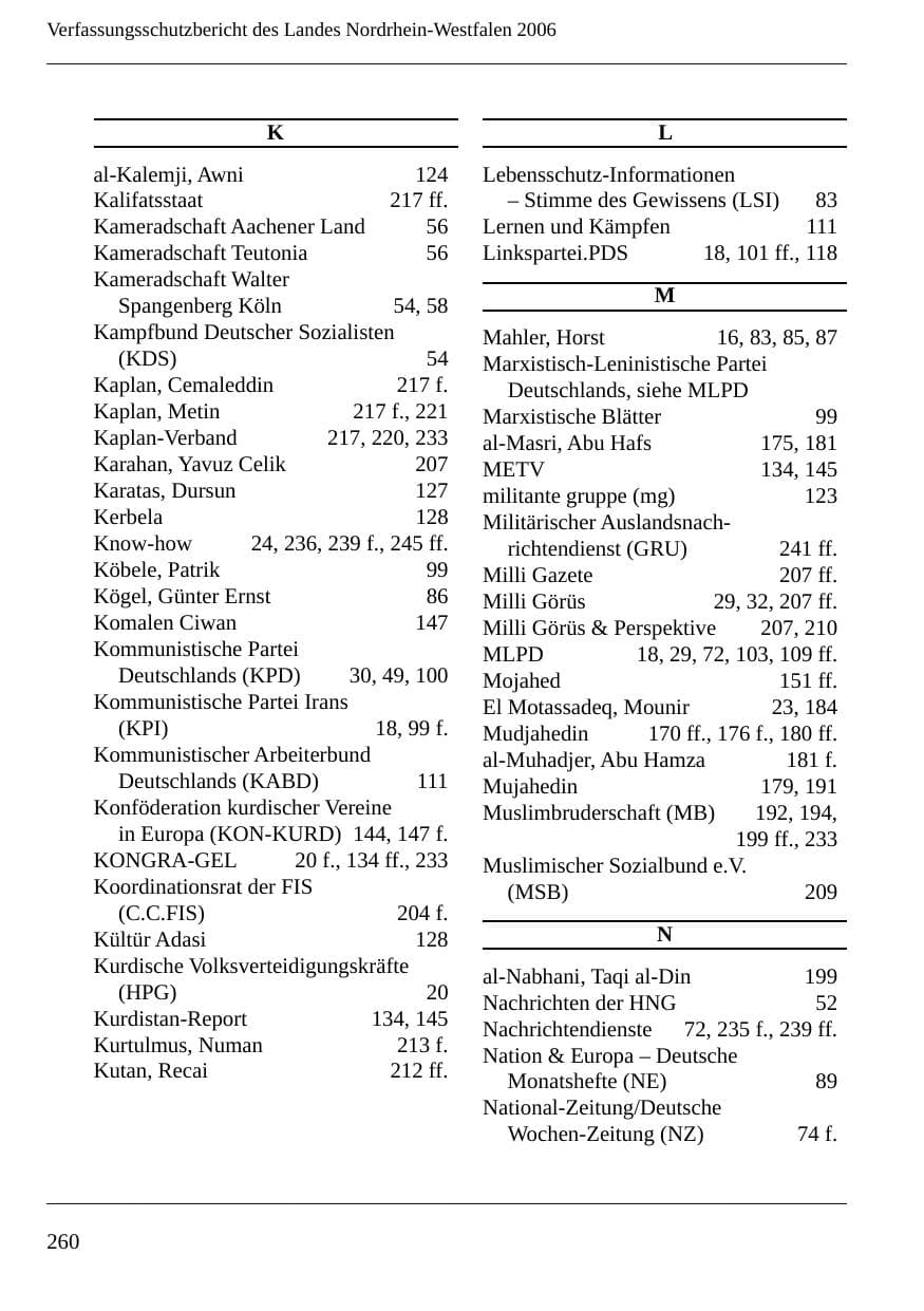 Seite 262 des Verfassungsschutzbericht 2006 Nordrhein-Westfalen