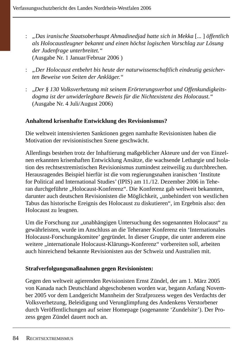 Seite 86 des Verfassungsschutzbericht 2006 Nordrhein-Westfalen