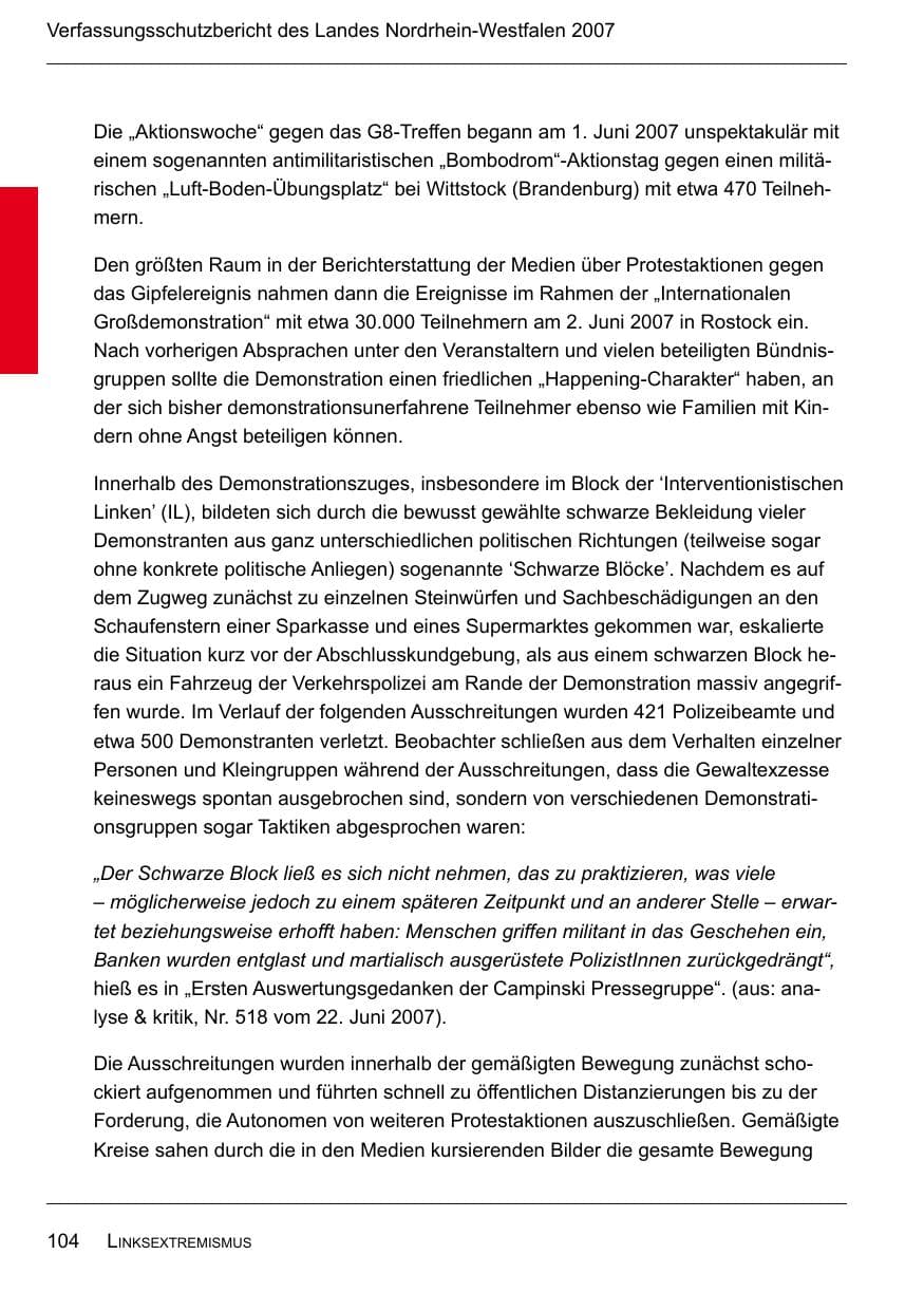Seite 106 des Verfassungsschutzbericht 2007 Nordrhein-Westfalen