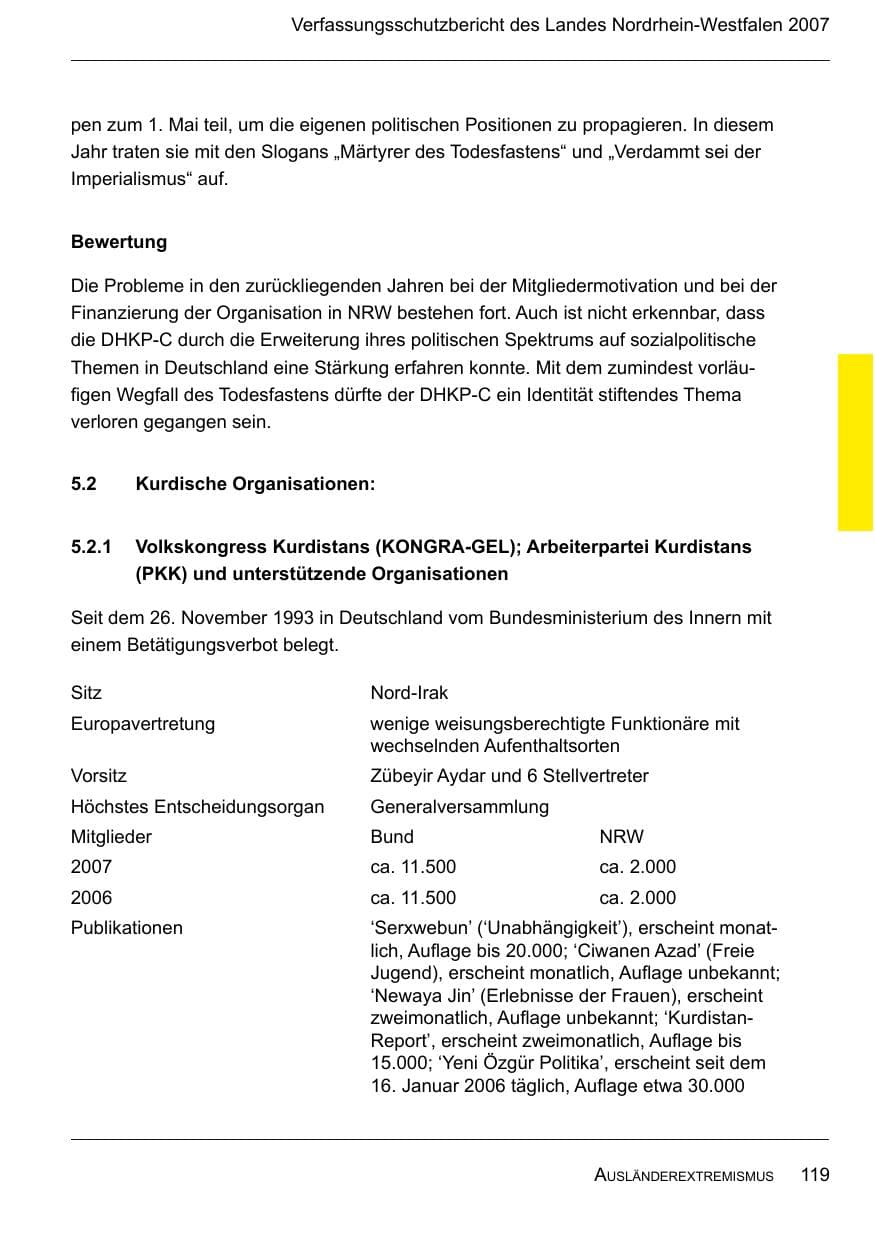 Seite 121 des Verfassungsschutzbericht 2007 Nordrhein-Westfalen