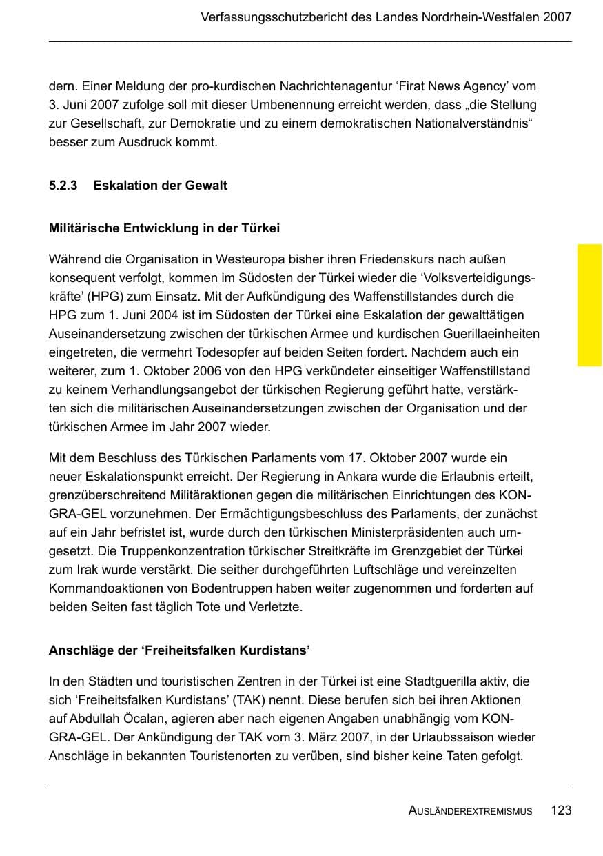 Seite 125 des Verfassungsschutzbericht 2007 Nordrhein-Westfalen
