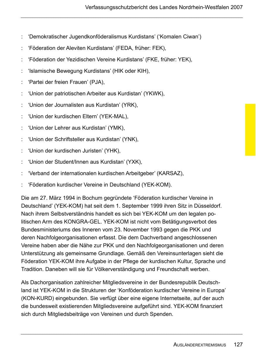 Seite 129 des Verfassungsschutzbericht 2007 Nordrhein-Westfalen