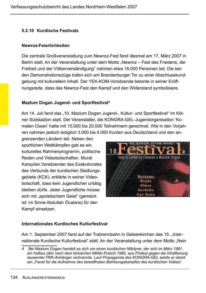 Seite 136 des Verfassungsschutzbericht 2007 Nordrhein-Westfalen