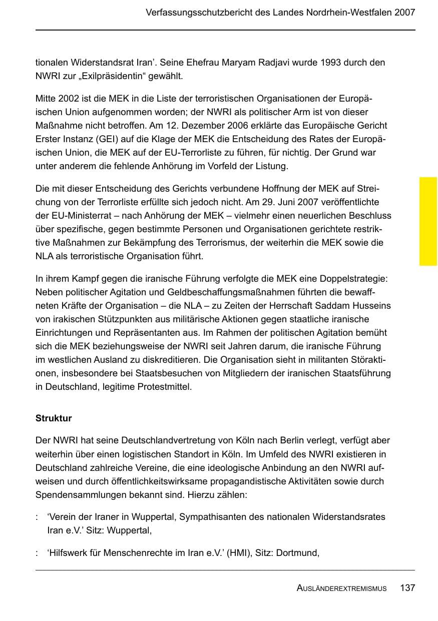Seite 139 des Verfassungsschutzbericht 2007 Nordrhein-Westfalen