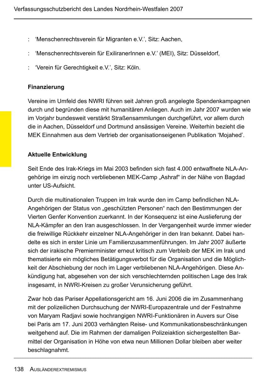 Seite 140 des Verfassungsschutzbericht 2007 Nordrhein-Westfalen