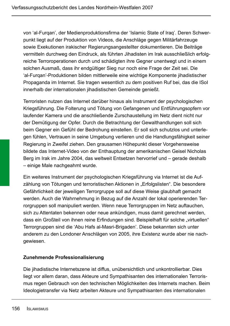 Seite 158 des Verfassungsschutzbericht 2007 Nordrhein-Westfalen