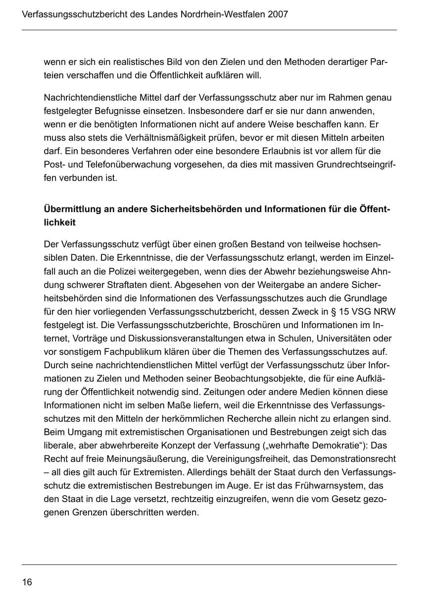 Seite 18 des Verfassungsschutzbericht 2007 Nordrhein-Westfalen