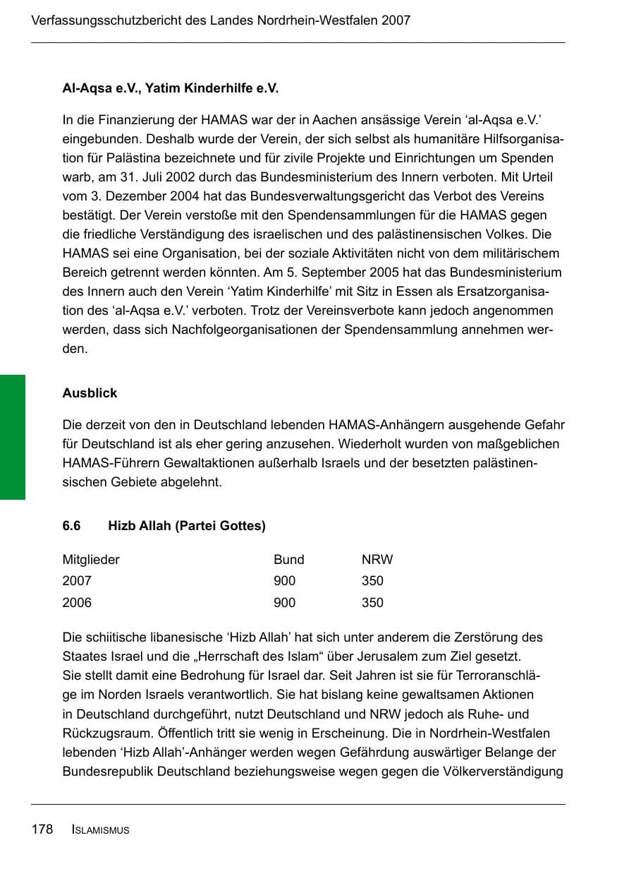 Seite 180 des Verfassungsschutzbericht 2007 Nordrhein-Westfalen