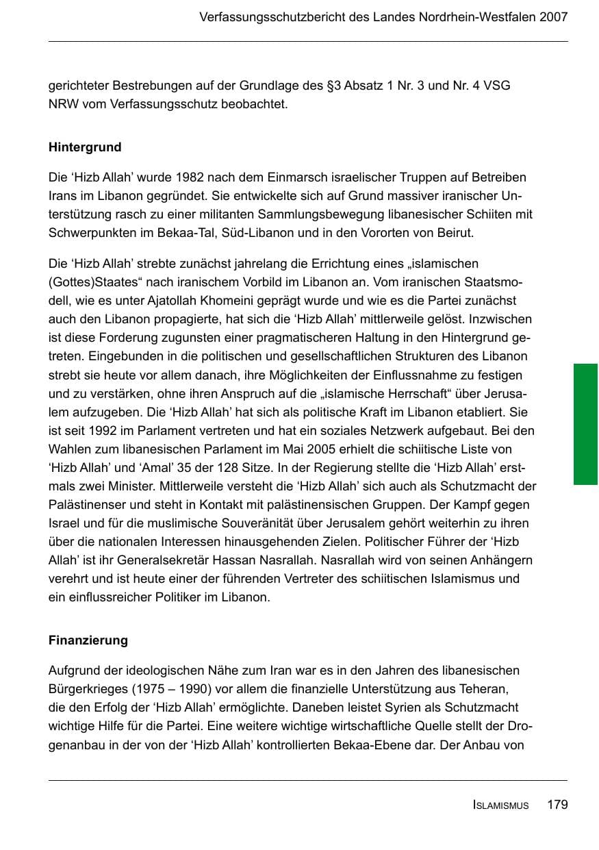 Seite 181 des Verfassungsschutzbericht 2007 Nordrhein-Westfalen