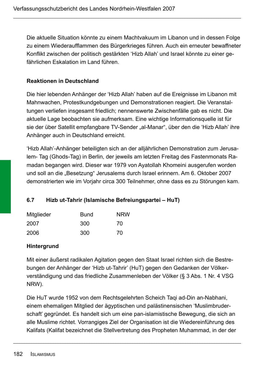 Seite 184 des Verfassungsschutzbericht 2007 Nordrhein-Westfalen