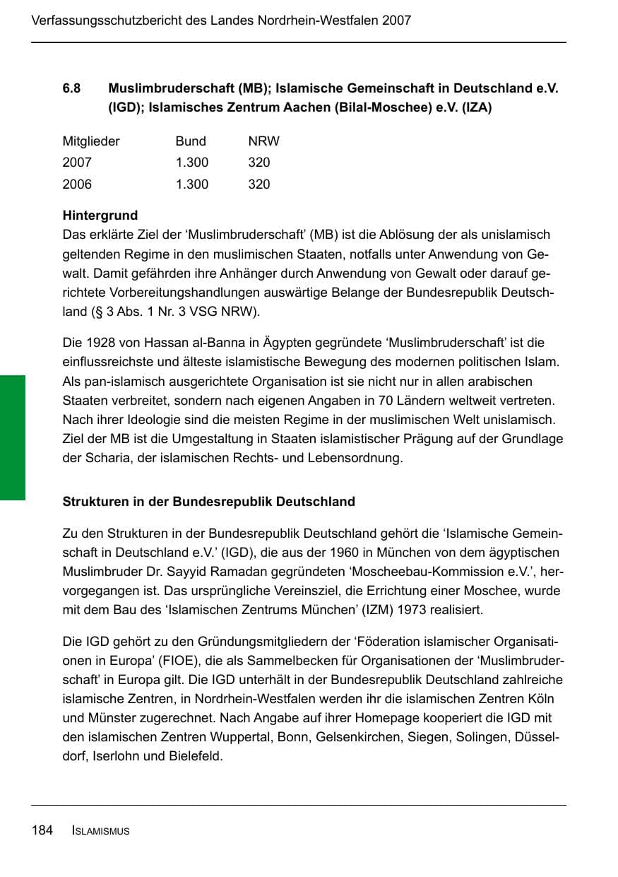 Seite 186 des Verfassungsschutzbericht 2007 Nordrhein-Westfalen