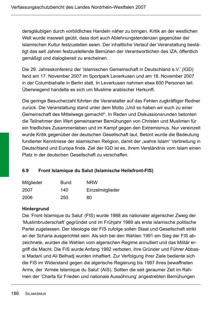 Seite 188 des Verfassungsschutzbericht 2007 Nordrhein-Westfalen