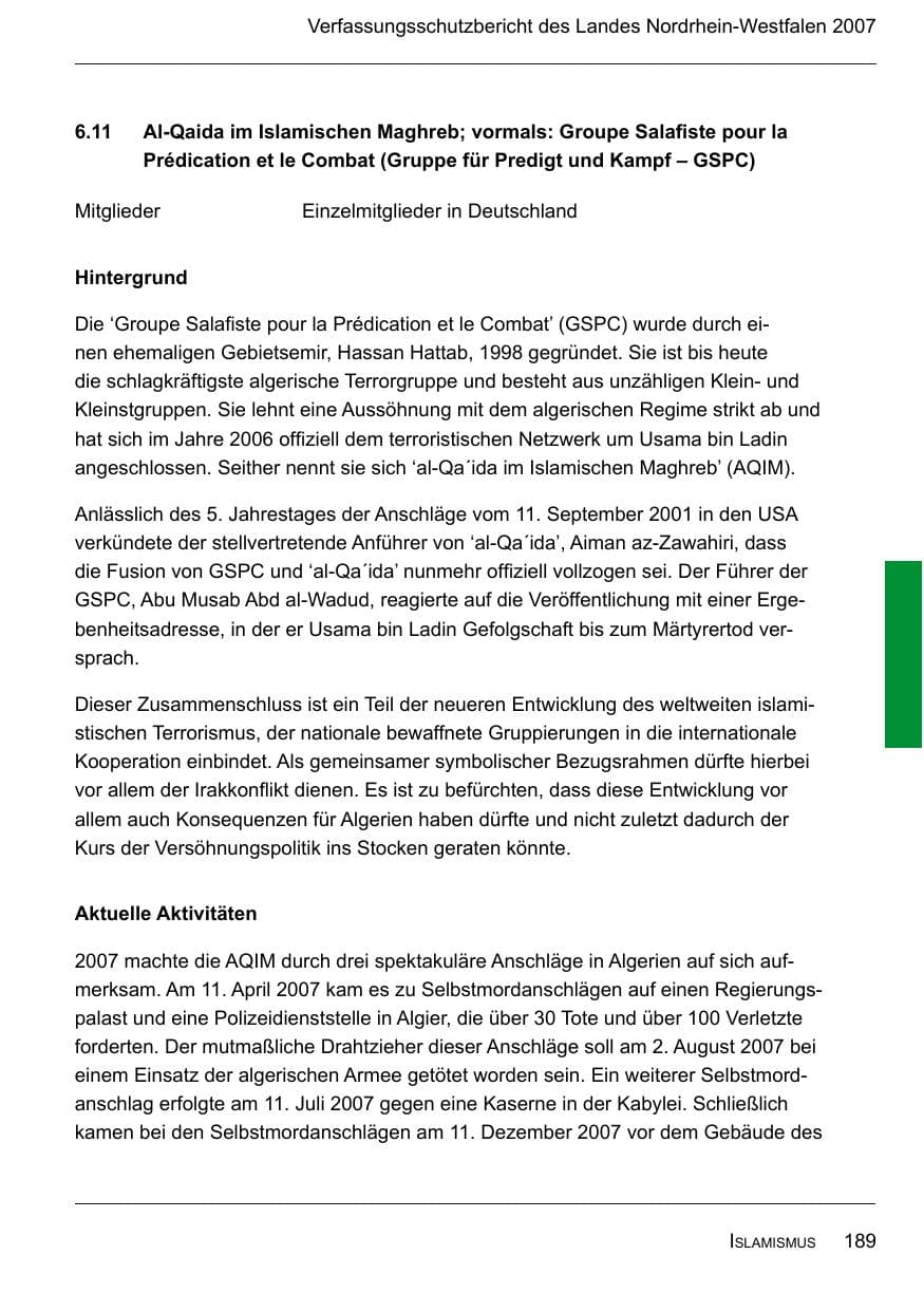 Seite 191 des Verfassungsschutzbericht 2007 Nordrhein-Westfalen