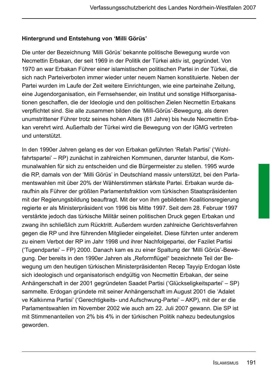 Seite 193 des Verfassungsschutzbericht 2007 Nordrhein-Westfalen