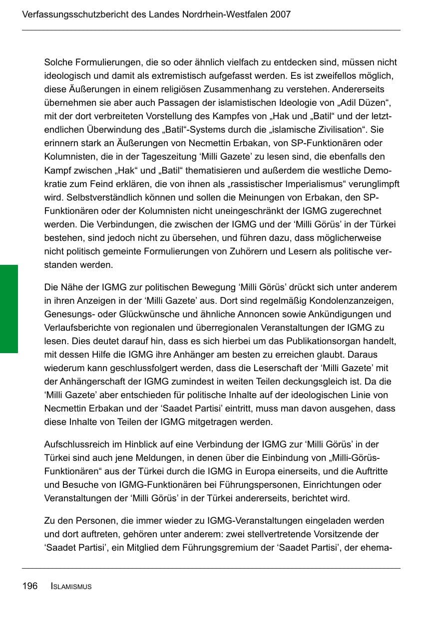 Seite 198 des Verfassungsschutzbericht 2007 Nordrhein-Westfalen