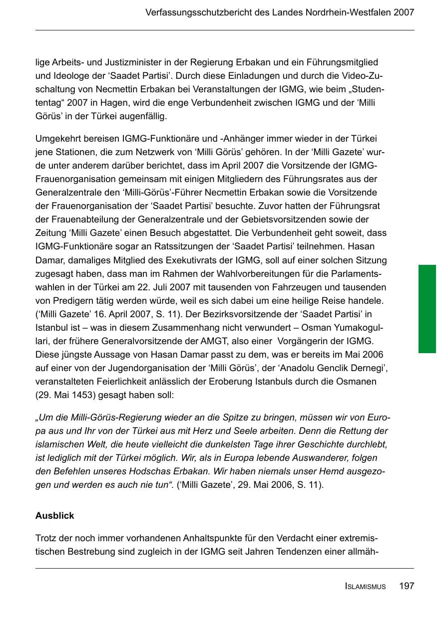 Seite 199 des Verfassungsschutzbericht 2007 Nordrhein-Westfalen