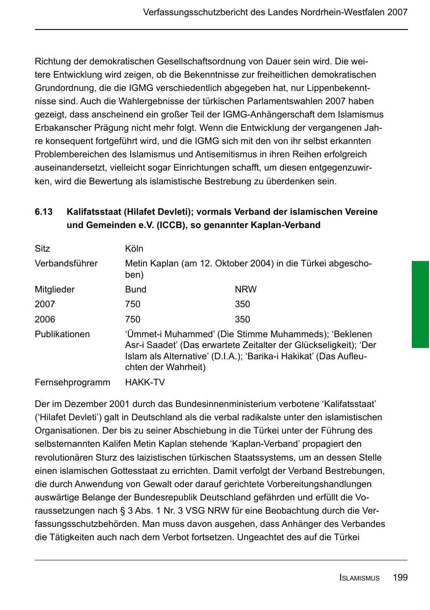 Seite 201 des Verfassungsschutzbericht 2007 Nordrhein-Westfalen