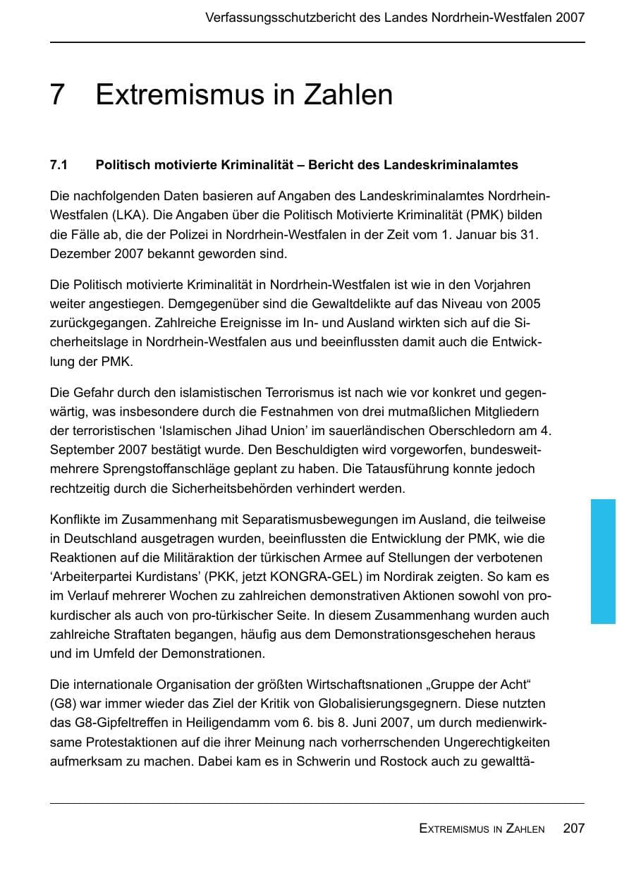 Seite 209 des Verfassungsschutzbericht 2007 Nordrhein-Westfalen