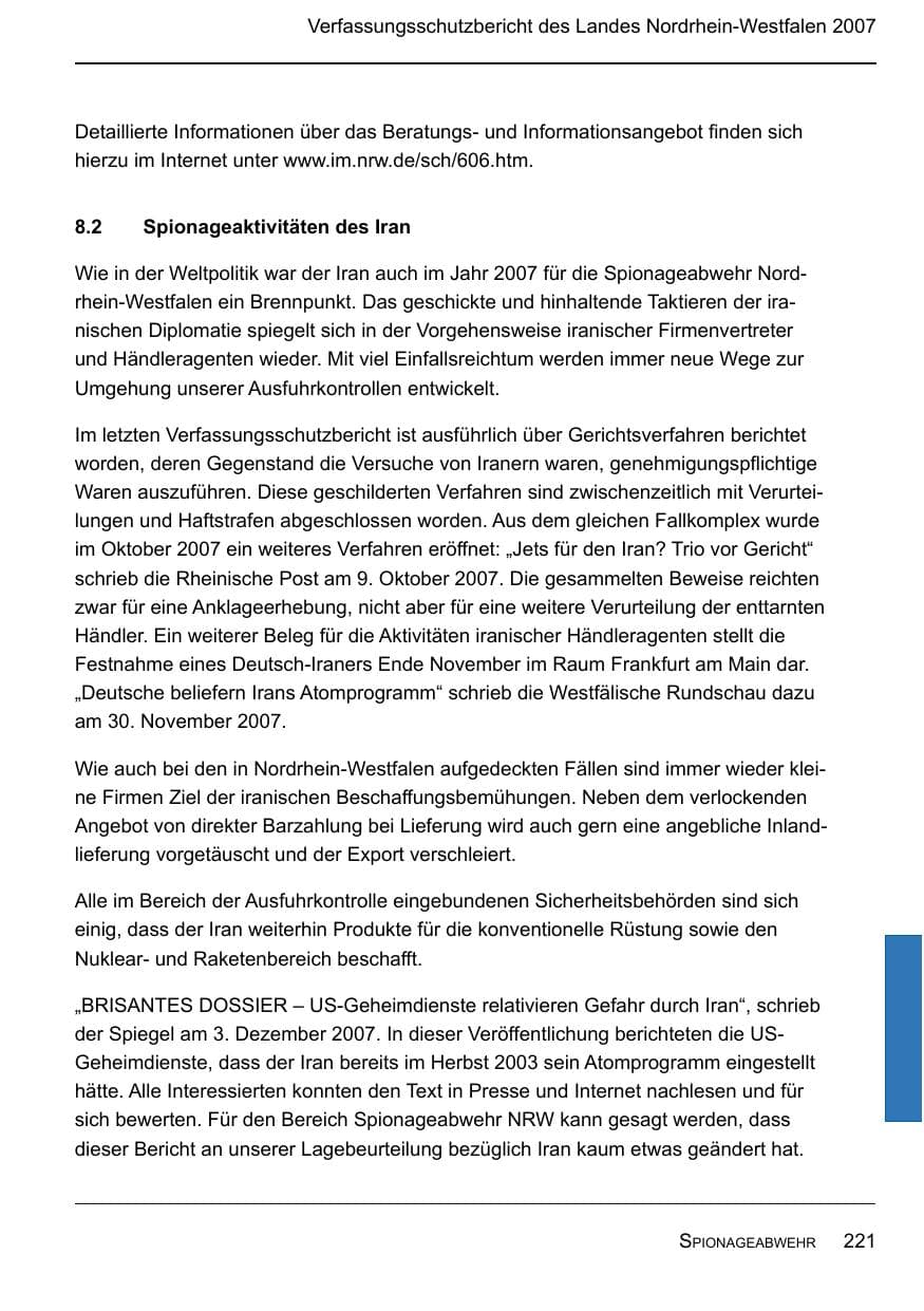 Seite 223 des Verfassungsschutzbericht 2007 Nordrhein-Westfalen