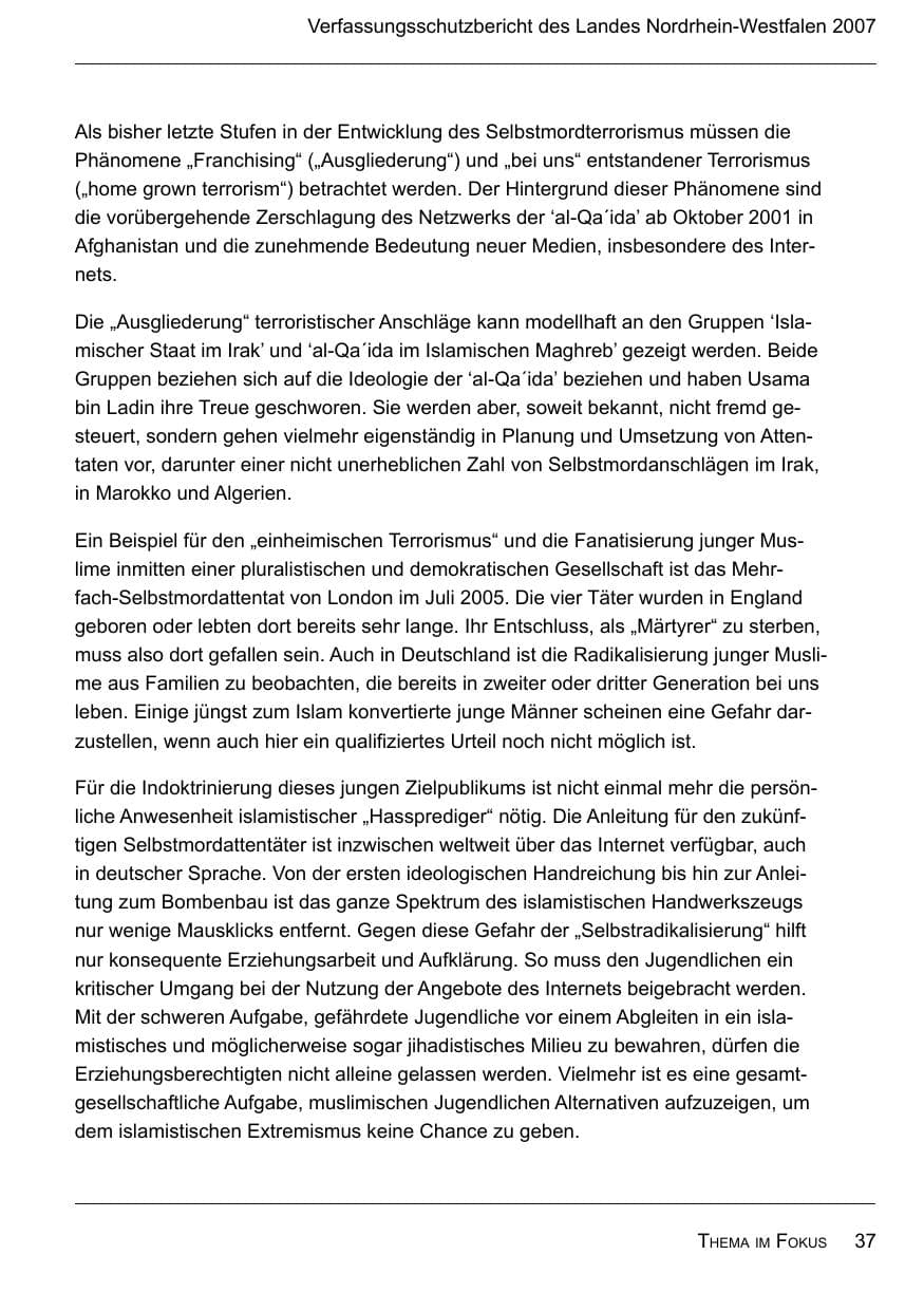 Seite 39 des Verfassungsschutzbericht 2007 Nordrhein-Westfalen