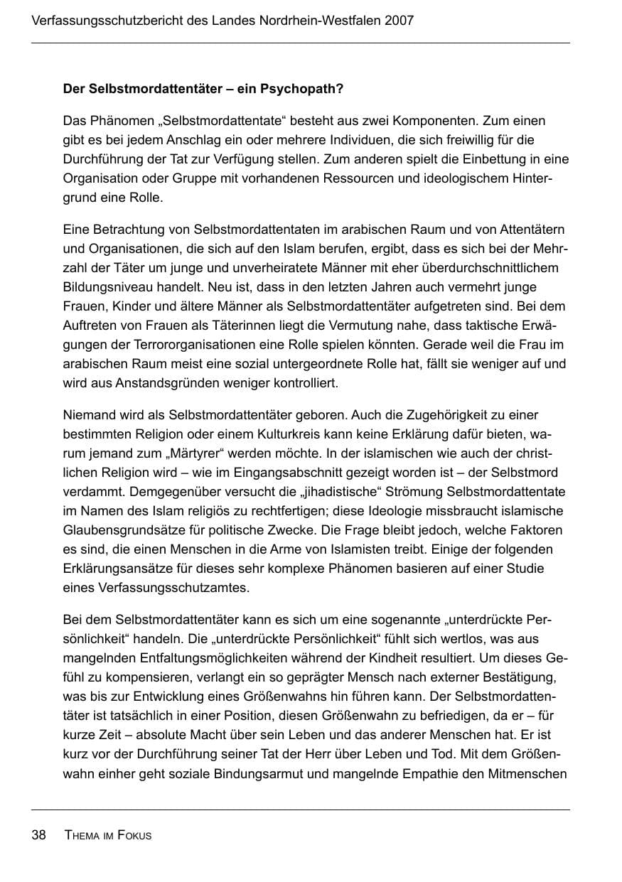 Seite 40 des Verfassungsschutzbericht 2007 Nordrhein-Westfalen
