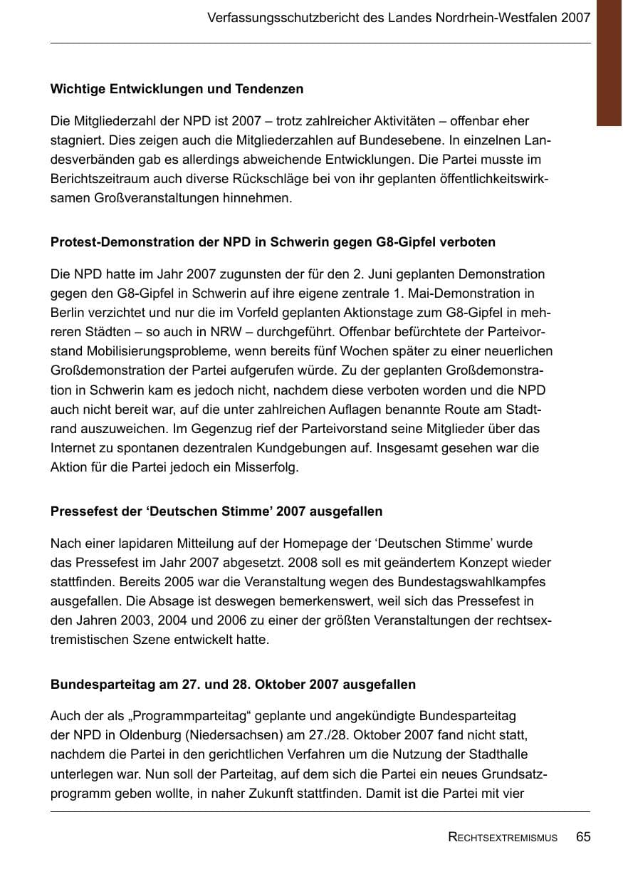 Seite 67 des Verfassungsschutzbericht 2007 Nordrhein-Westfalen