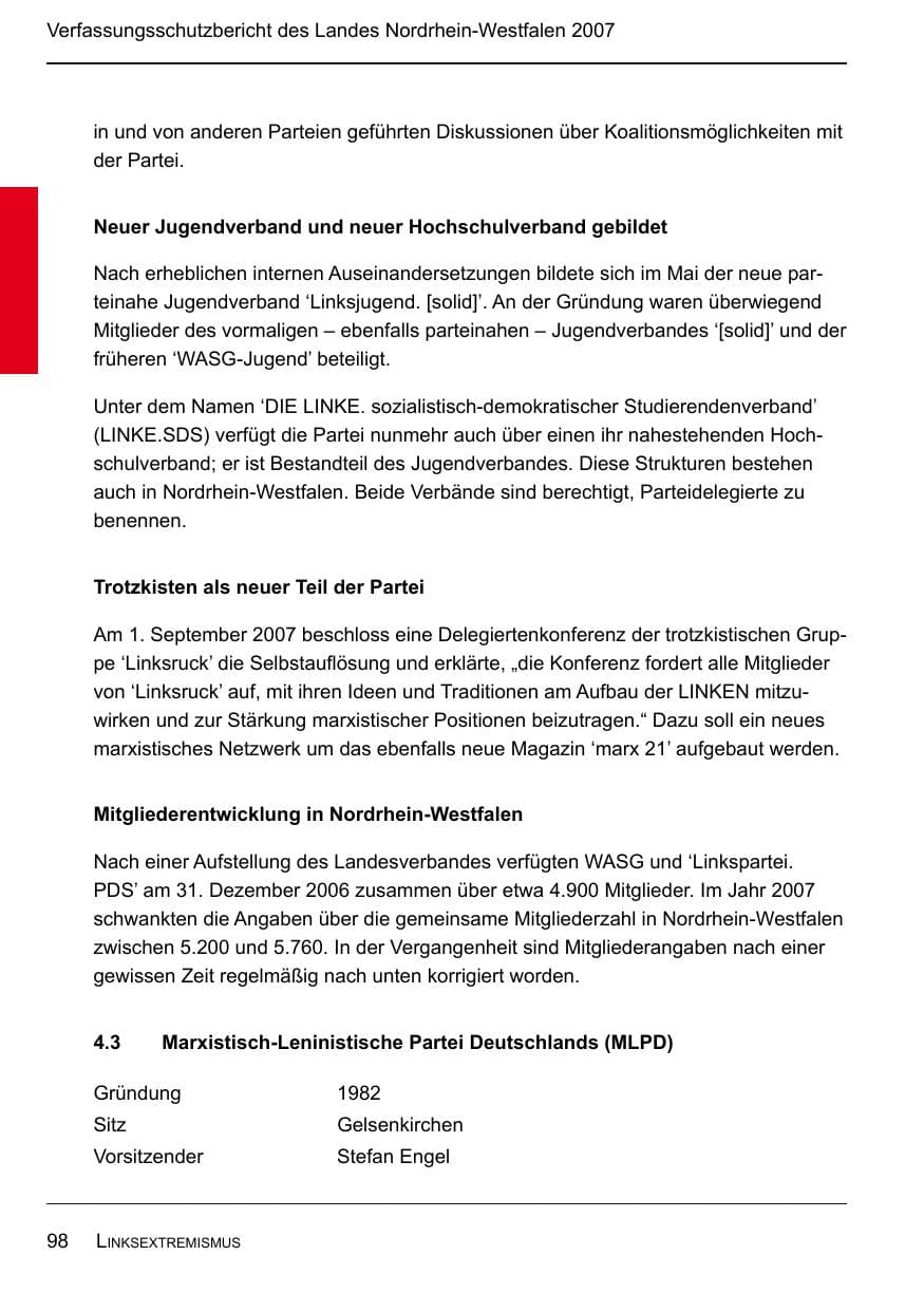 Seite 100 des Verfassungsschutzbericht 2007 Nordrhein-Westfalen