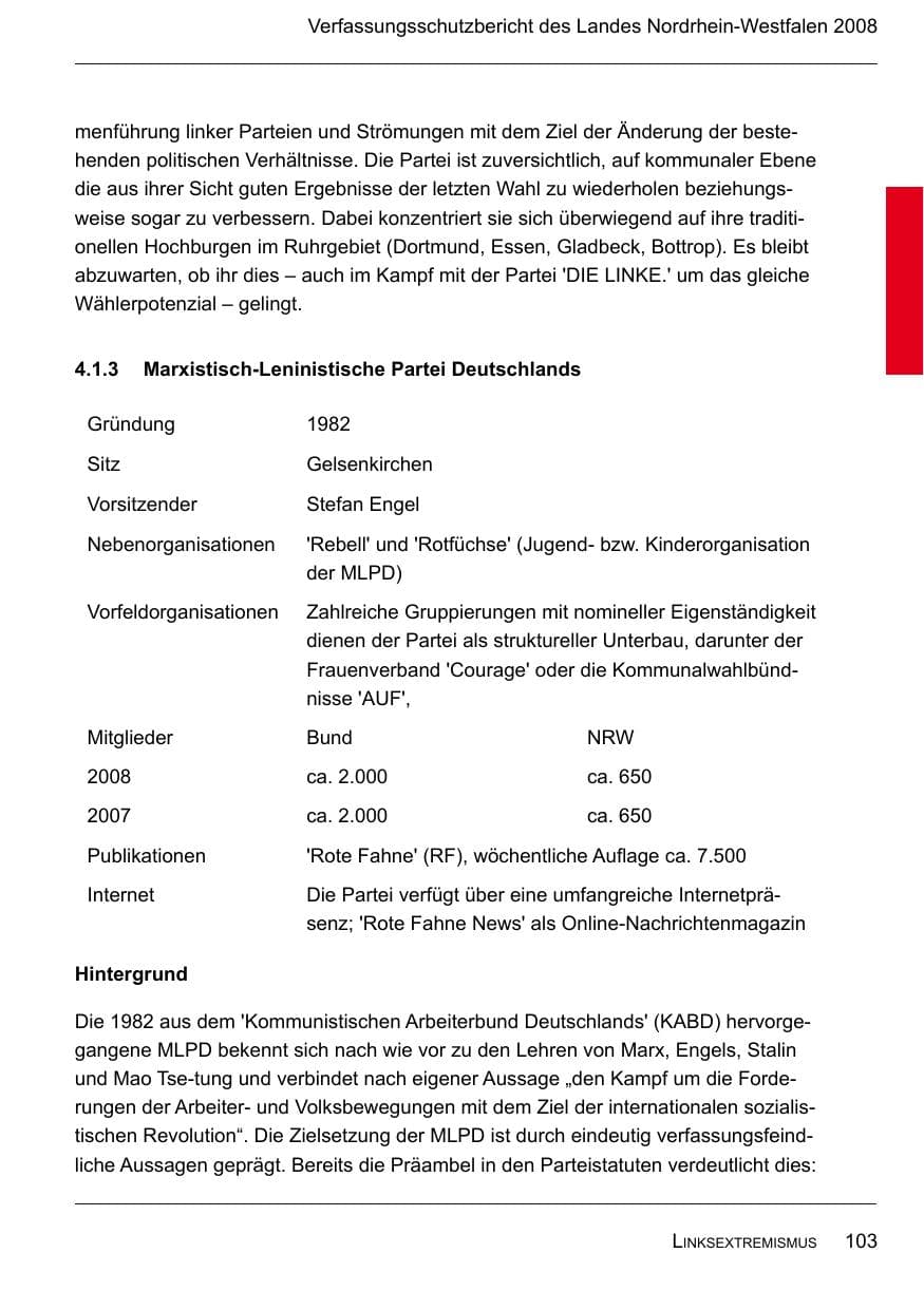 Seite 105 des Verfassungsschutzbericht 2008 Nordrhein-Westfalen