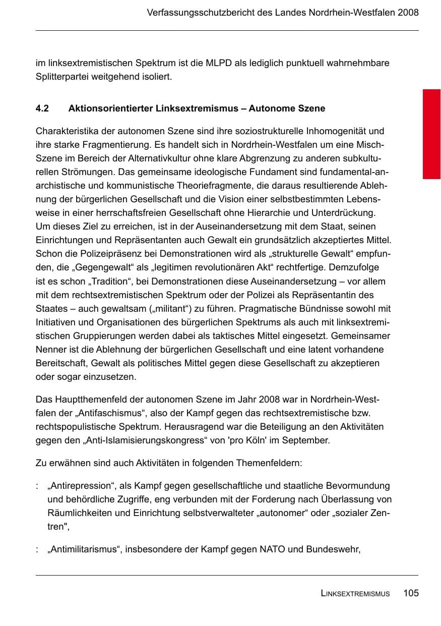 Seite 107 des Verfassungsschutzbericht 2008 Nordrhein-Westfalen