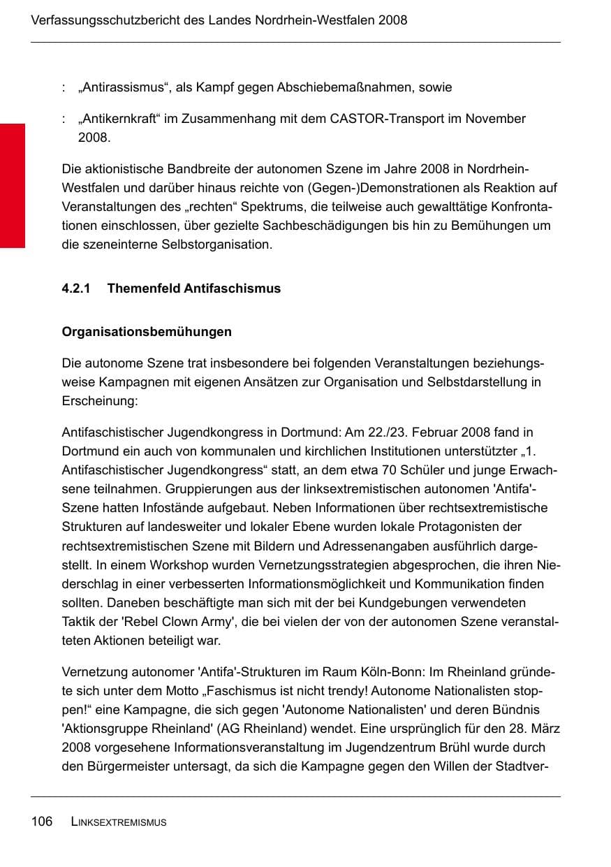 Seite 108 des Verfassungsschutzbericht 2008 Nordrhein-Westfalen