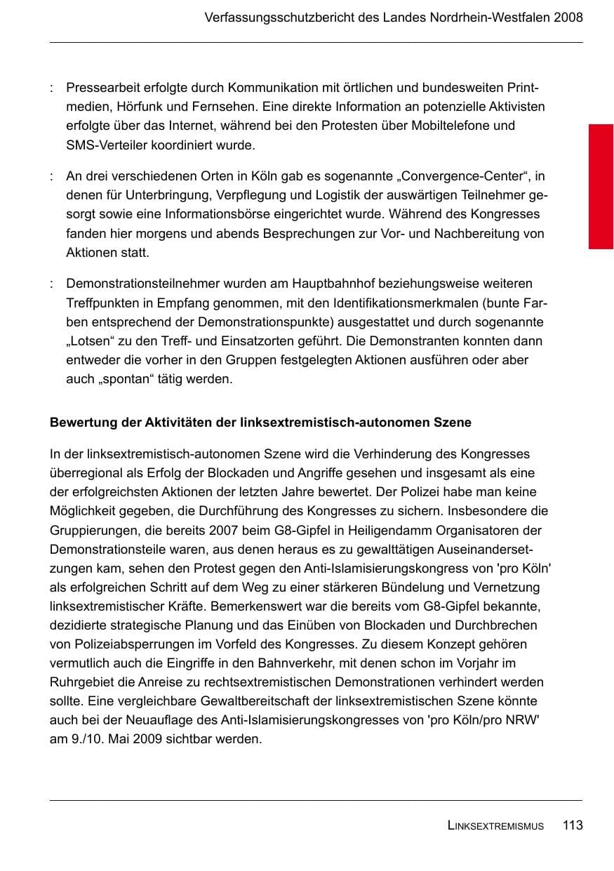 Seite 115 des Verfassungsschutzbericht 2008 Nordrhein-Westfalen