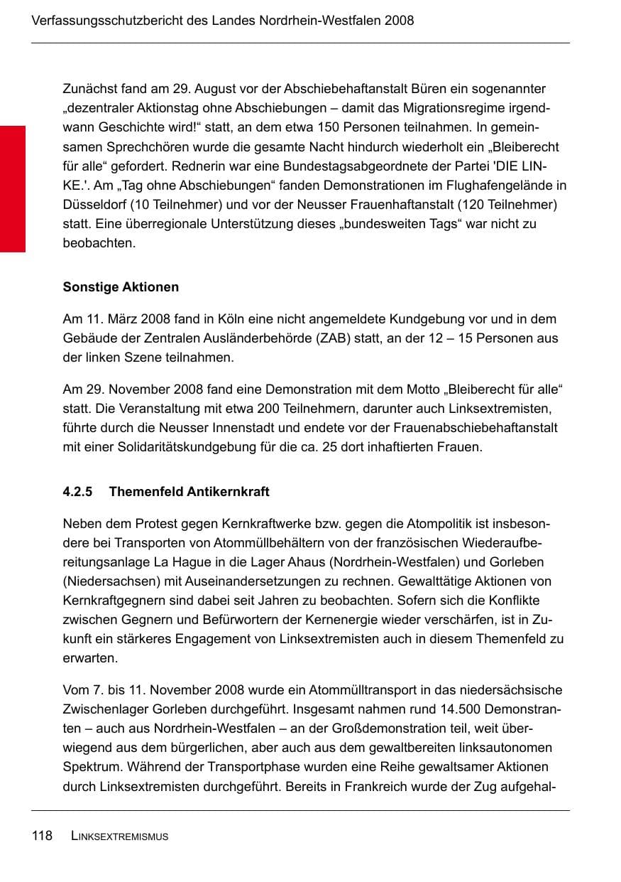 Seite 120 des Verfassungsschutzbericht 2008 Nordrhein-Westfalen