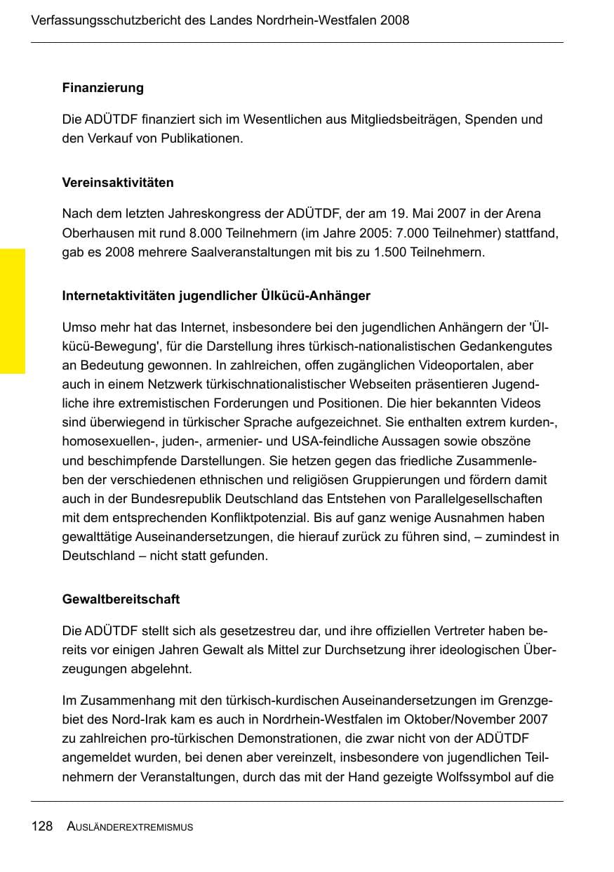 Seite 130 des Verfassungsschutzbericht 2008 Nordrhein-Westfalen