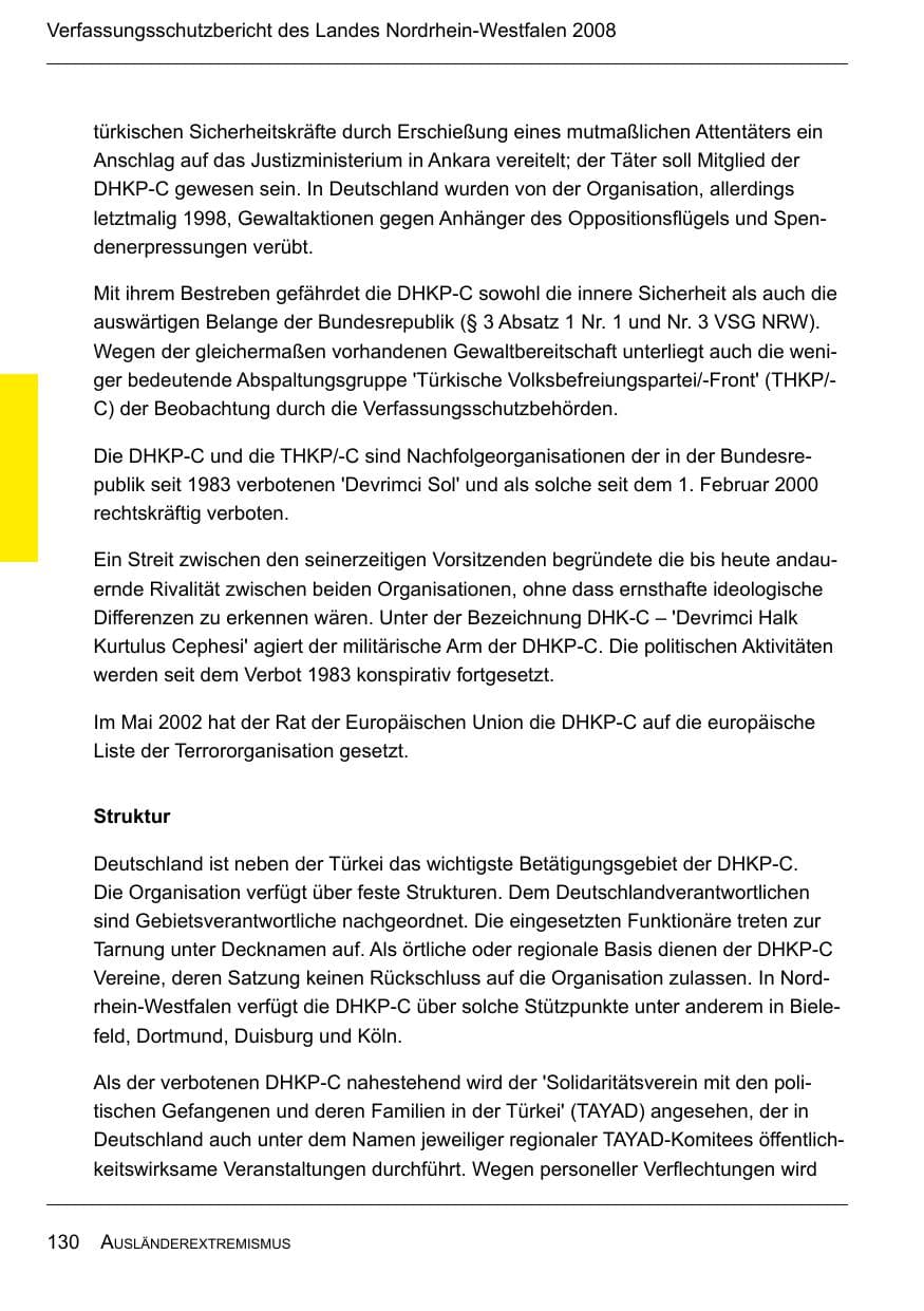 Seite 132 des Verfassungsschutzbericht 2008 Nordrhein-Westfalen
