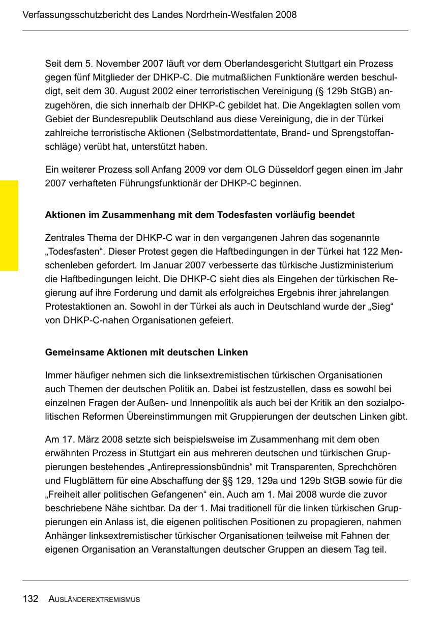 Seite 134 des Verfassungsschutzbericht 2008 Nordrhein-Westfalen