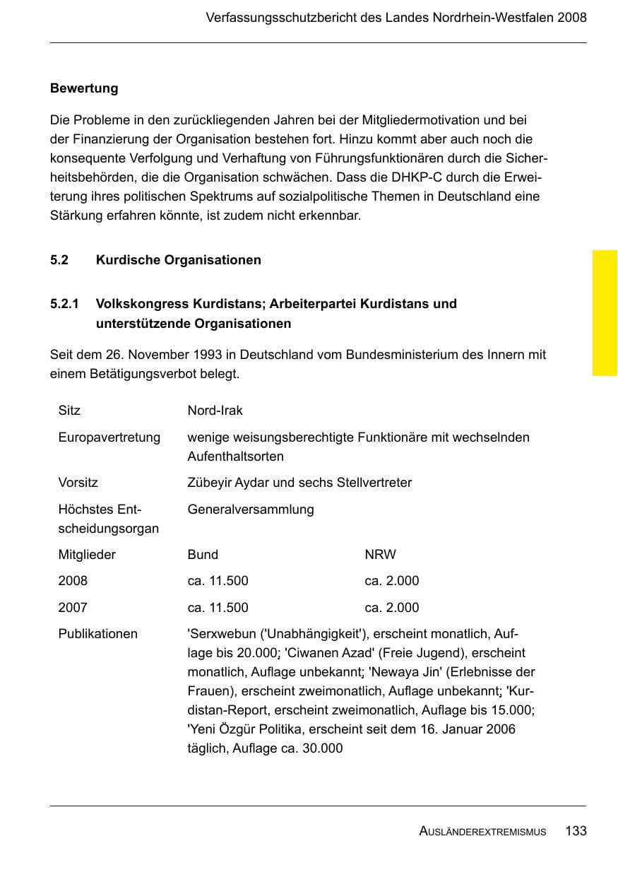 Seite 135 des Verfassungsschutzbericht 2008 Nordrhein-Westfalen