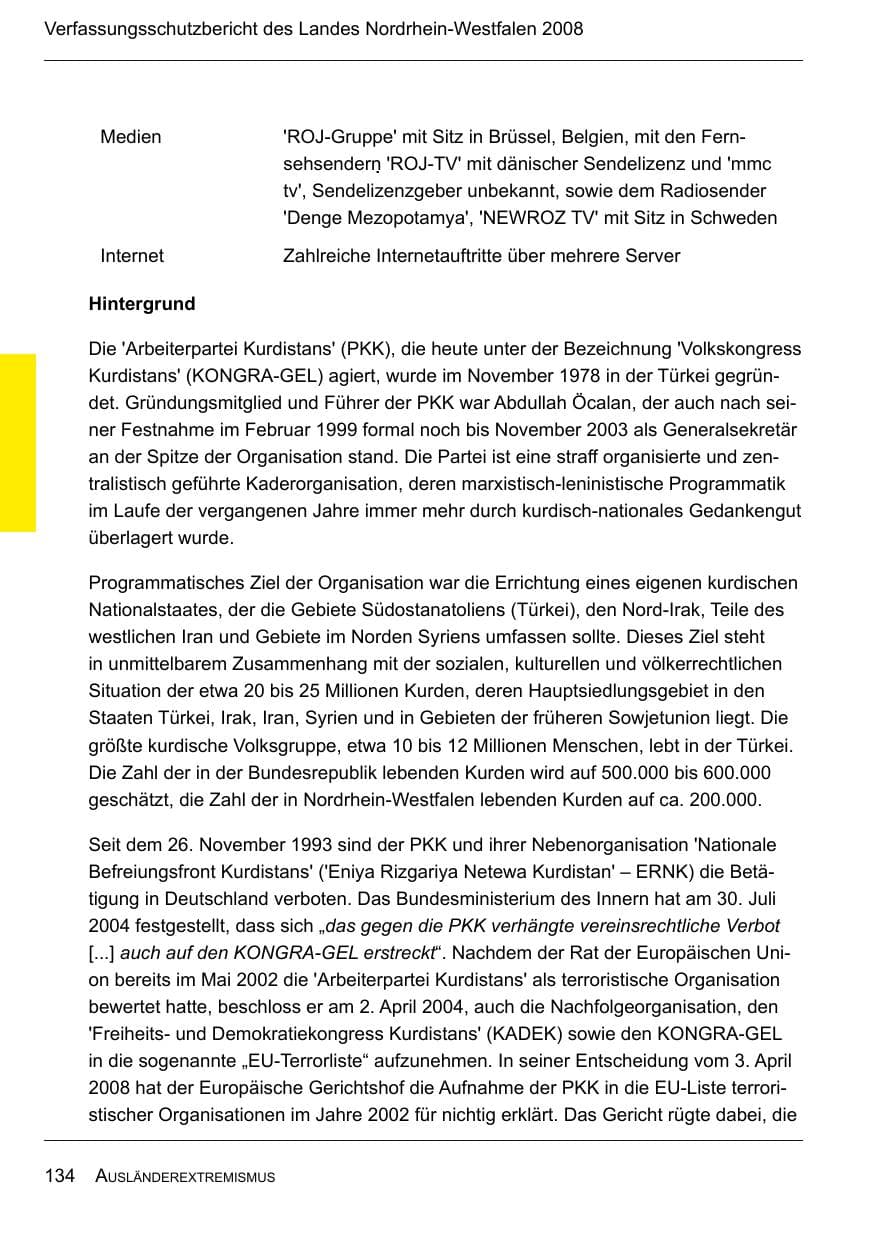 Seite 136 des Verfassungsschutzbericht 2008 Nordrhein-Westfalen