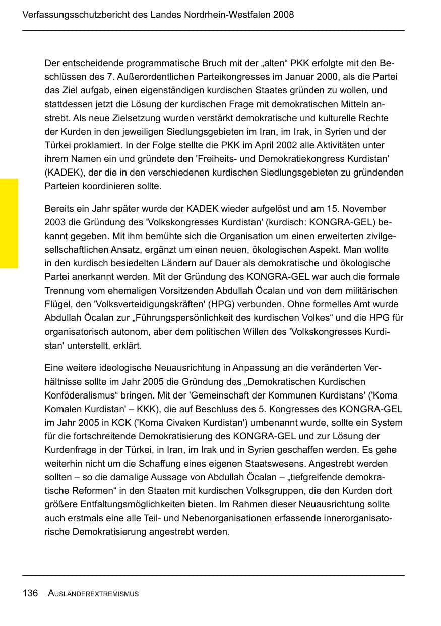 Seite 138 des Verfassungsschutzbericht 2008 Nordrhein-Westfalen