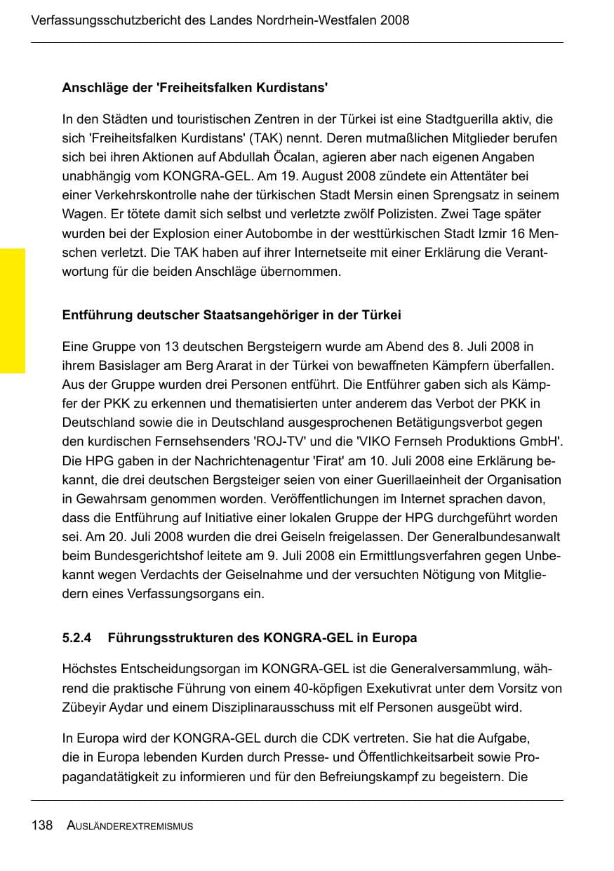 Seite 140 des Verfassungsschutzbericht 2008 Nordrhein-Westfalen