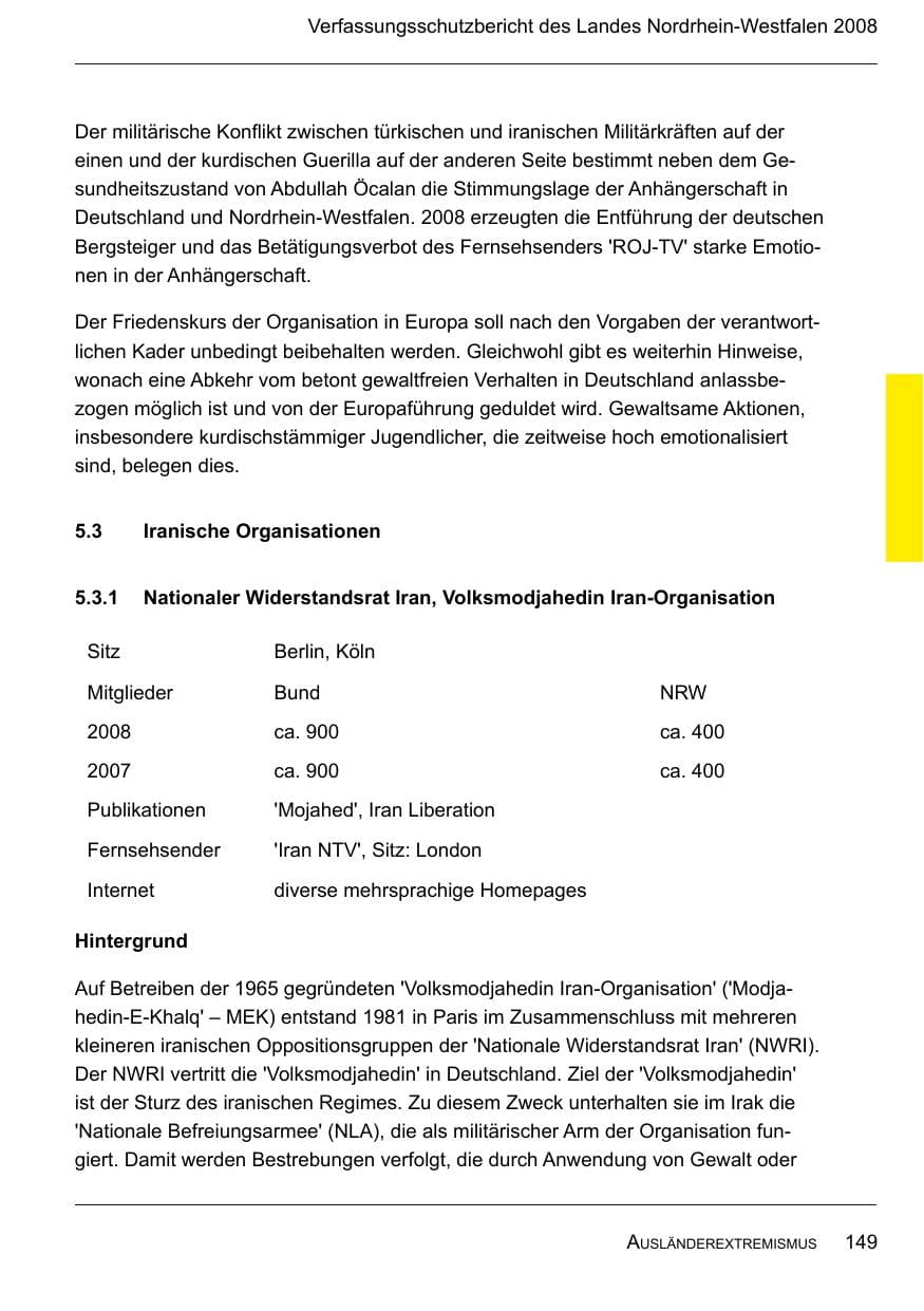 Seite 151 des Verfassungsschutzbericht 2008 Nordrhein-Westfalen