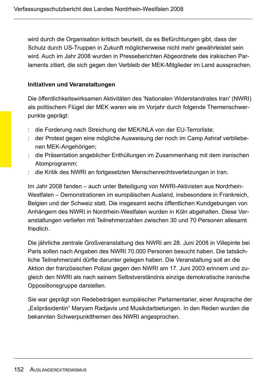 Seite 154 des Verfassungsschutzbericht 2008 Nordrhein-Westfalen