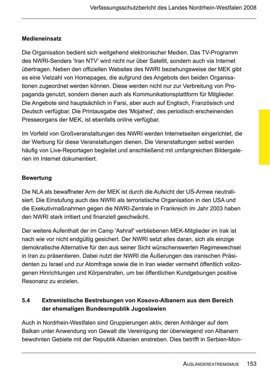 Seite 155 des Verfassungsschutzbericht 2008 Nordrhein-Westfalen