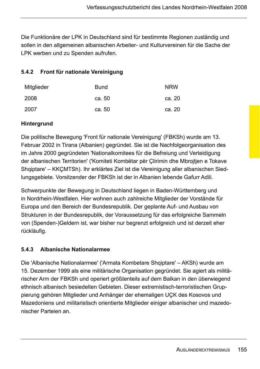 Seite 157 des Verfassungsschutzbericht 2008 Nordrhein-Westfalen