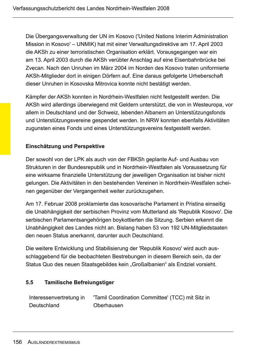 Seite 158 des Verfassungsschutzbericht 2008 Nordrhein-Westfalen