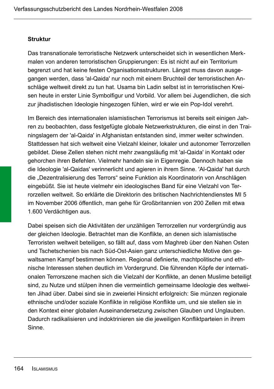 Seite 166 des Verfassungsschutzbericht 2008 Nordrhein-Westfalen