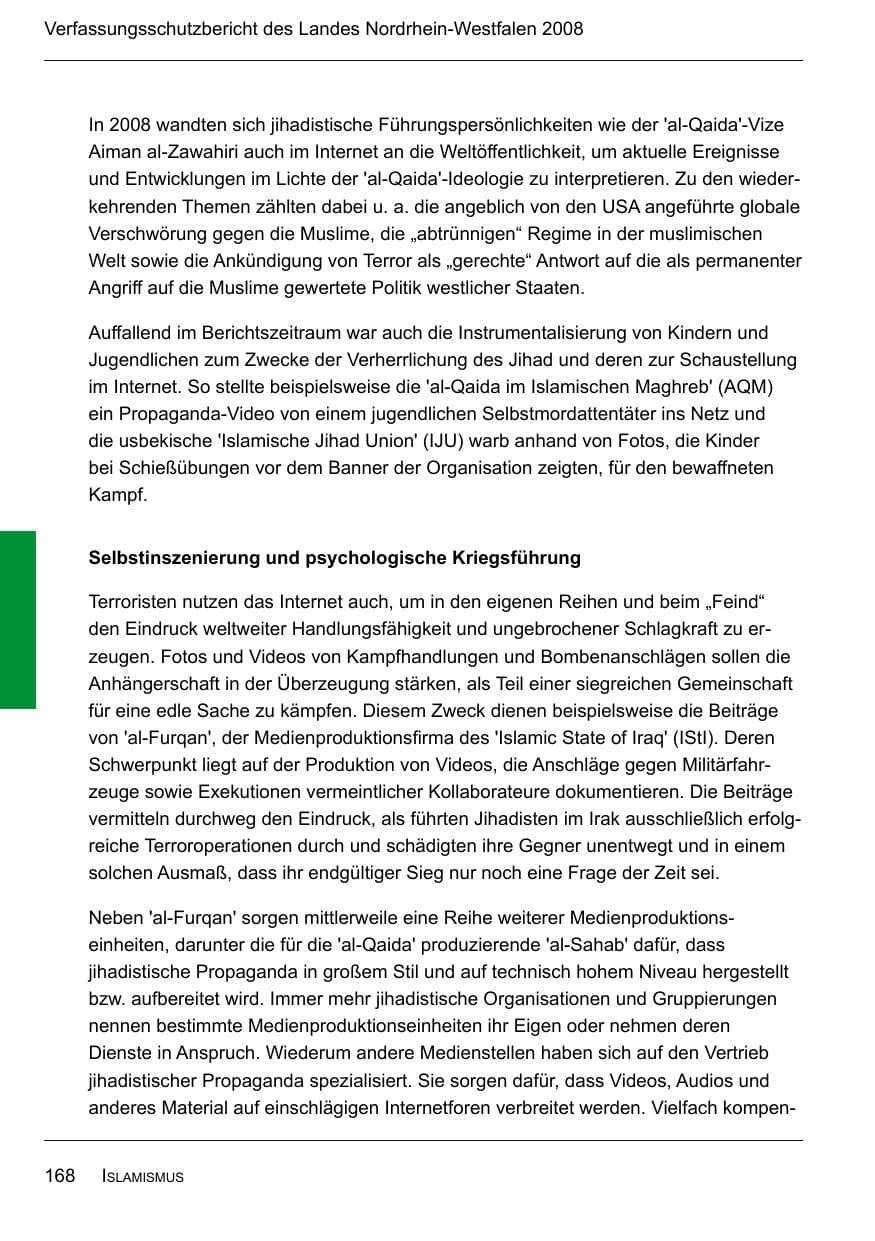Seite 170 des Verfassungsschutzbericht 2008 Nordrhein-Westfalen