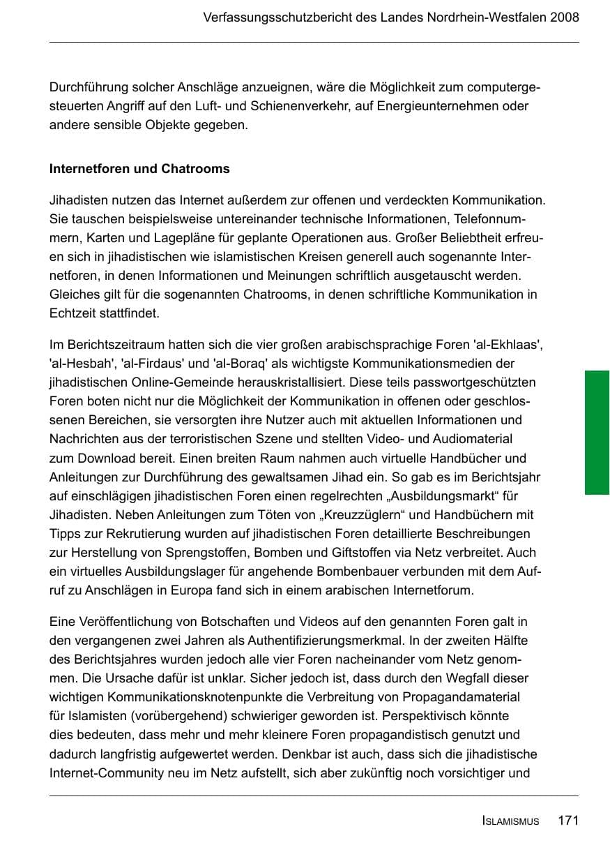 Seite 173 des Verfassungsschutzbericht 2008 Nordrhein-Westfalen