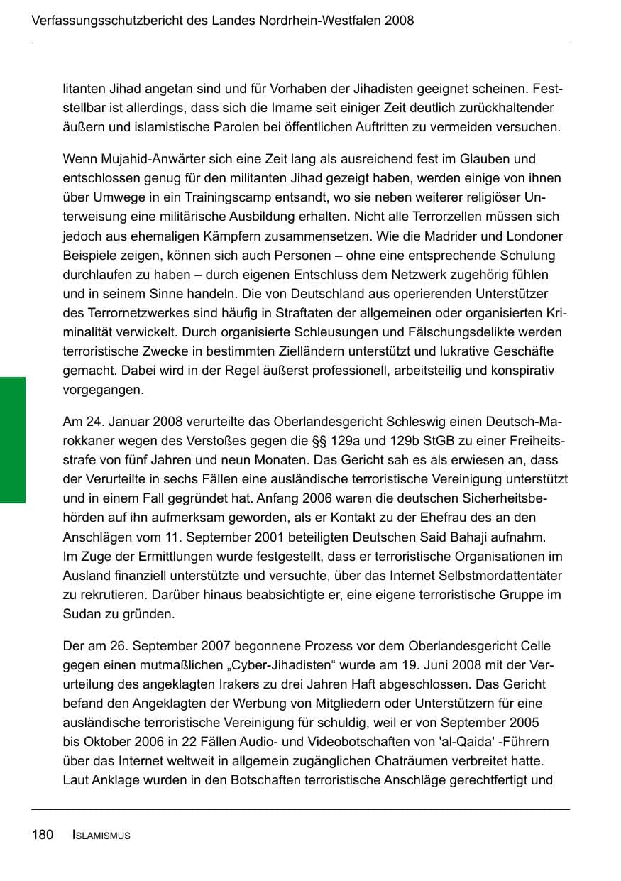 Seite 182 des Verfassungsschutzbericht 2008 Nordrhein-Westfalen