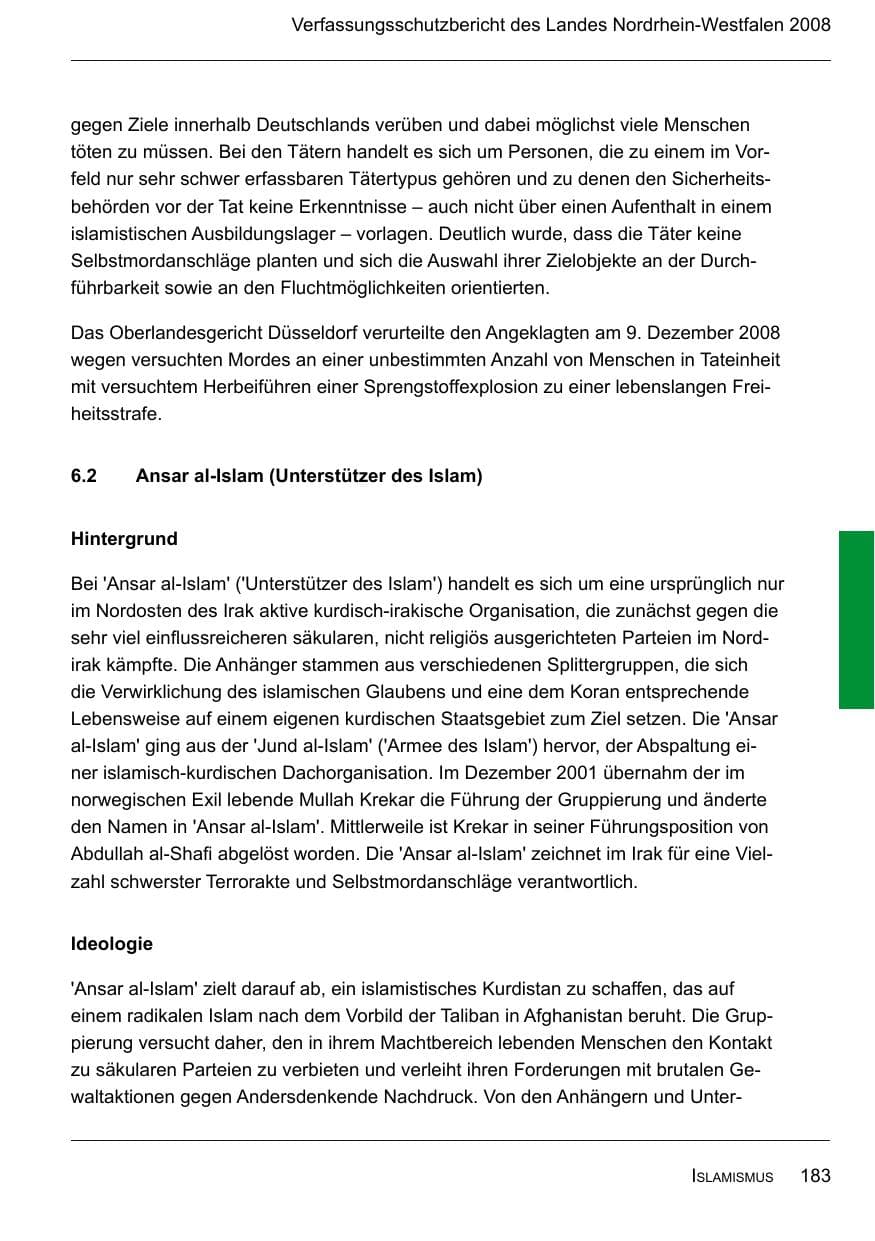 Seite 185 des Verfassungsschutzbericht 2008 Nordrhein-Westfalen