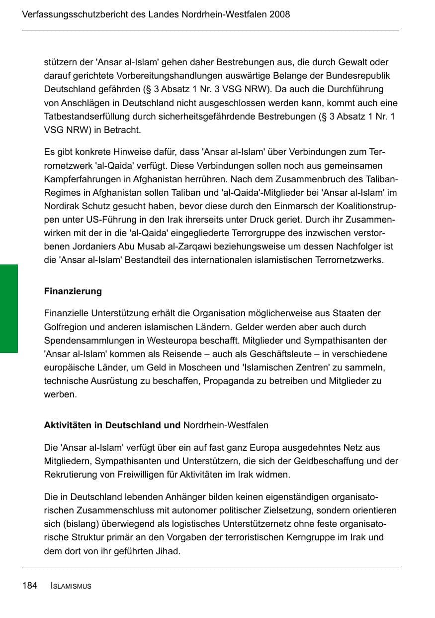Seite 186 des Verfassungsschutzbericht 2008 Nordrhein-Westfalen